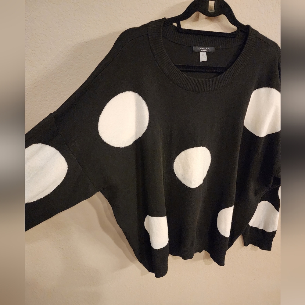 T. Tahari Women's Black Crew Neck Sweater w White Polka Dots - Size 3X - Picture 3 of 6